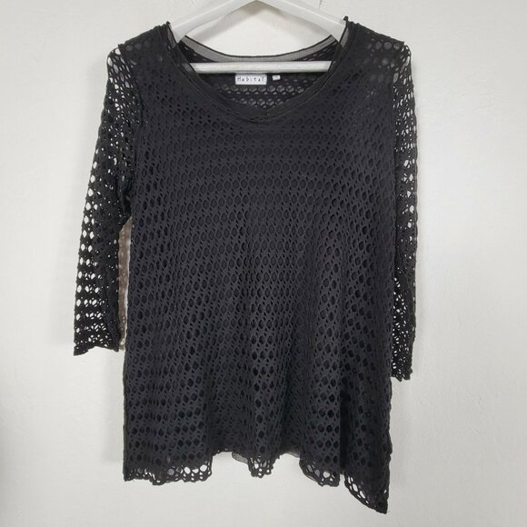 Habitat Black 3/4 Sleeve Open Knit Layered Tunic Top Womens Medium Cotton Blend - Picture 1 of 10